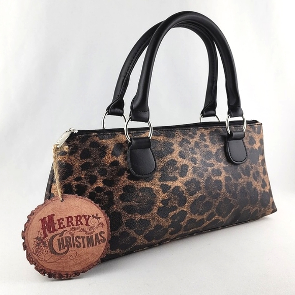 NWT Primeware Black Faux Leather Leopard Print Insulated Wine Bottle Lunch Bag